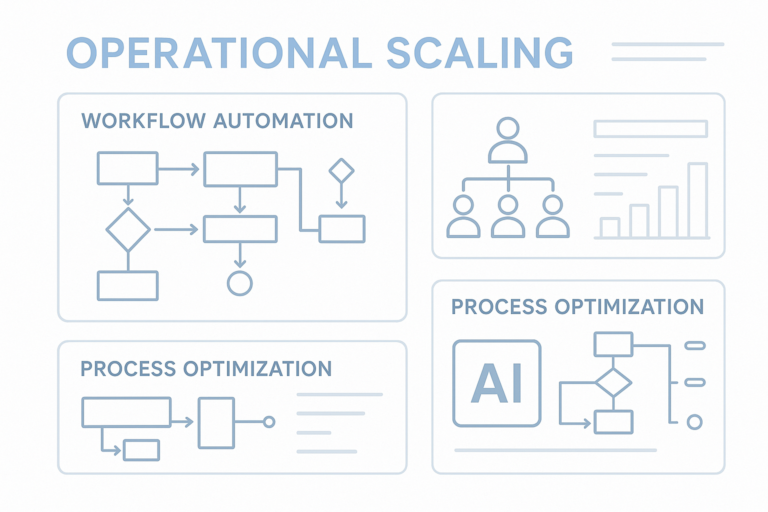 Operational scaling dashboard showing workflow automation, team structure optimization, and AI-powered performance management systems